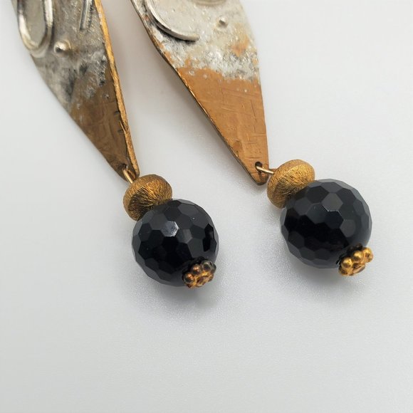 Hand-Crafted Artisan Earrings - Burnished Gold/Silver Tone - Black Dangle - Picture 7 of 8